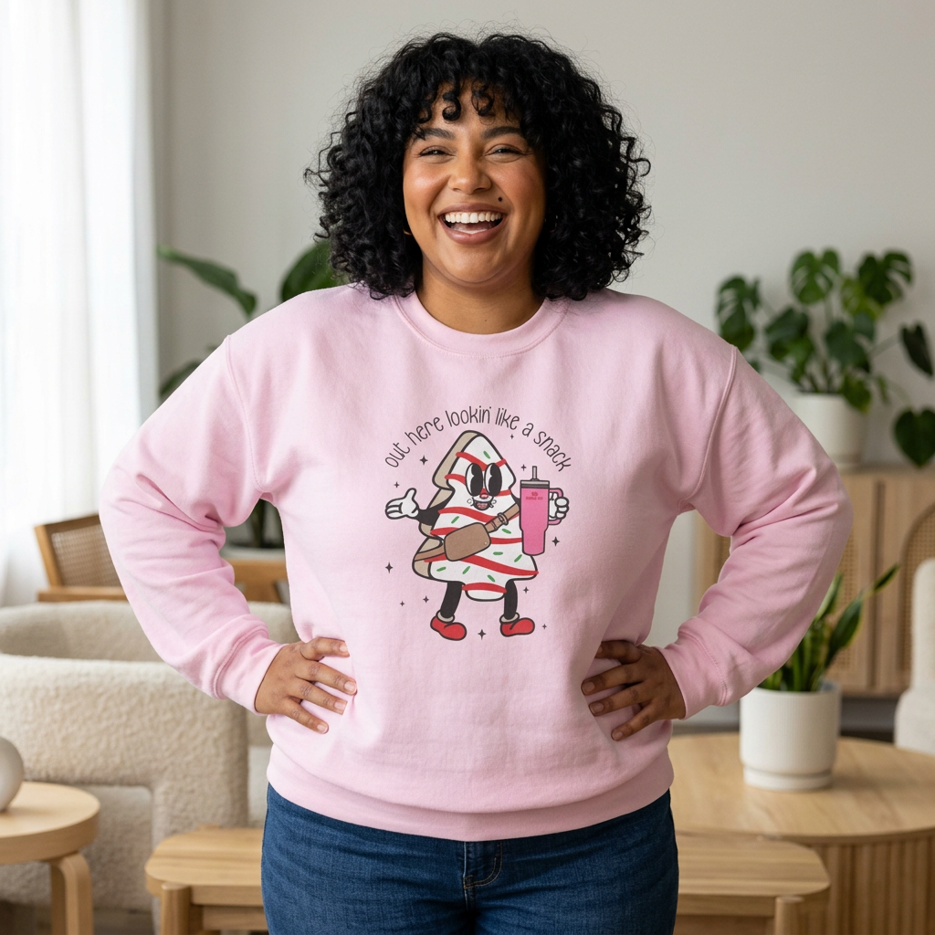 A woman wearing a light pink crewneck sweatshirt with a cartoon graphic of a Christmas Tree snack cake