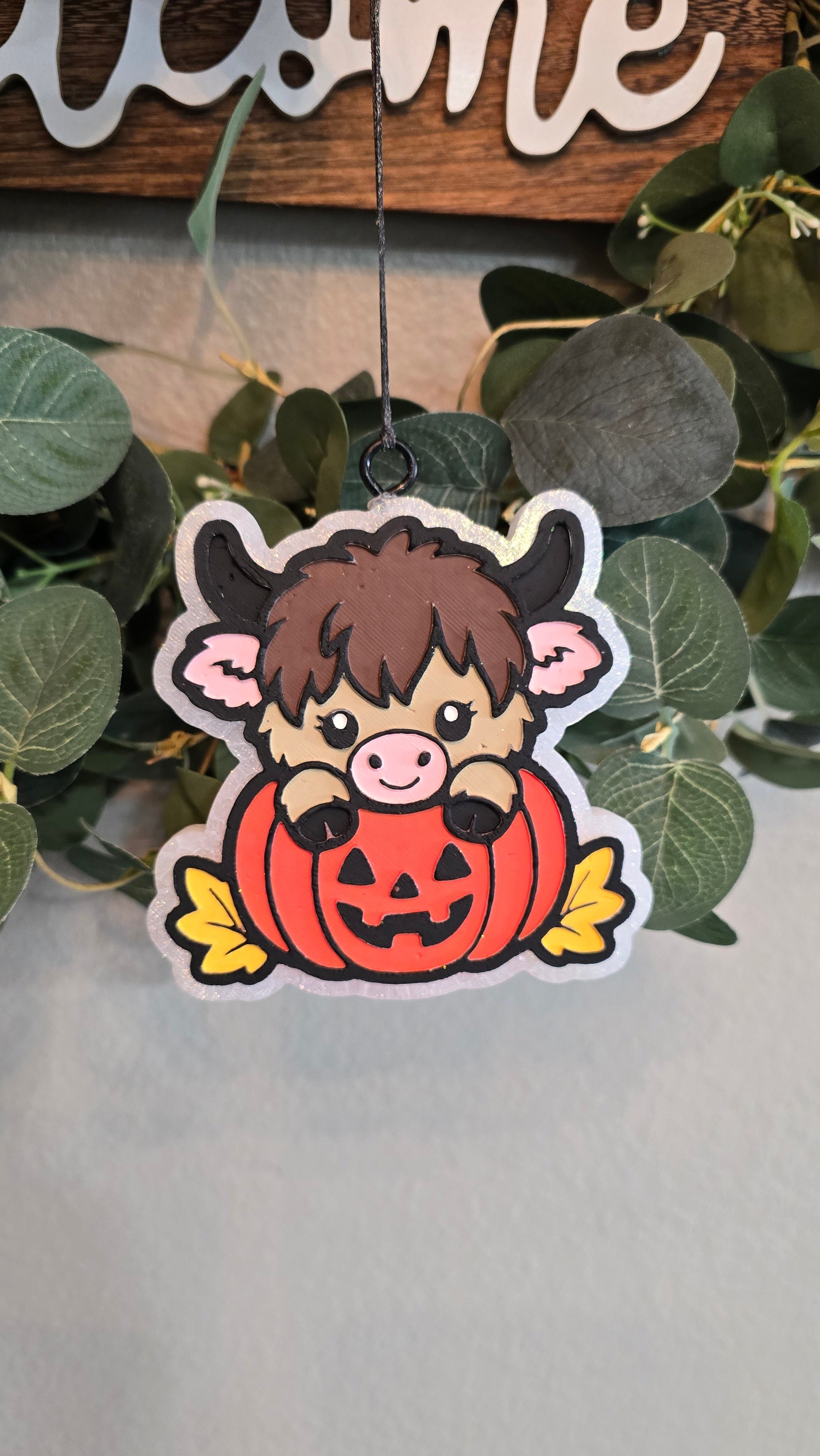 Highland Cow Halloween Pumpkin Car Freshie | Cute Fall Car Air Freshener | Spooky Farmhouse Auto Freshener