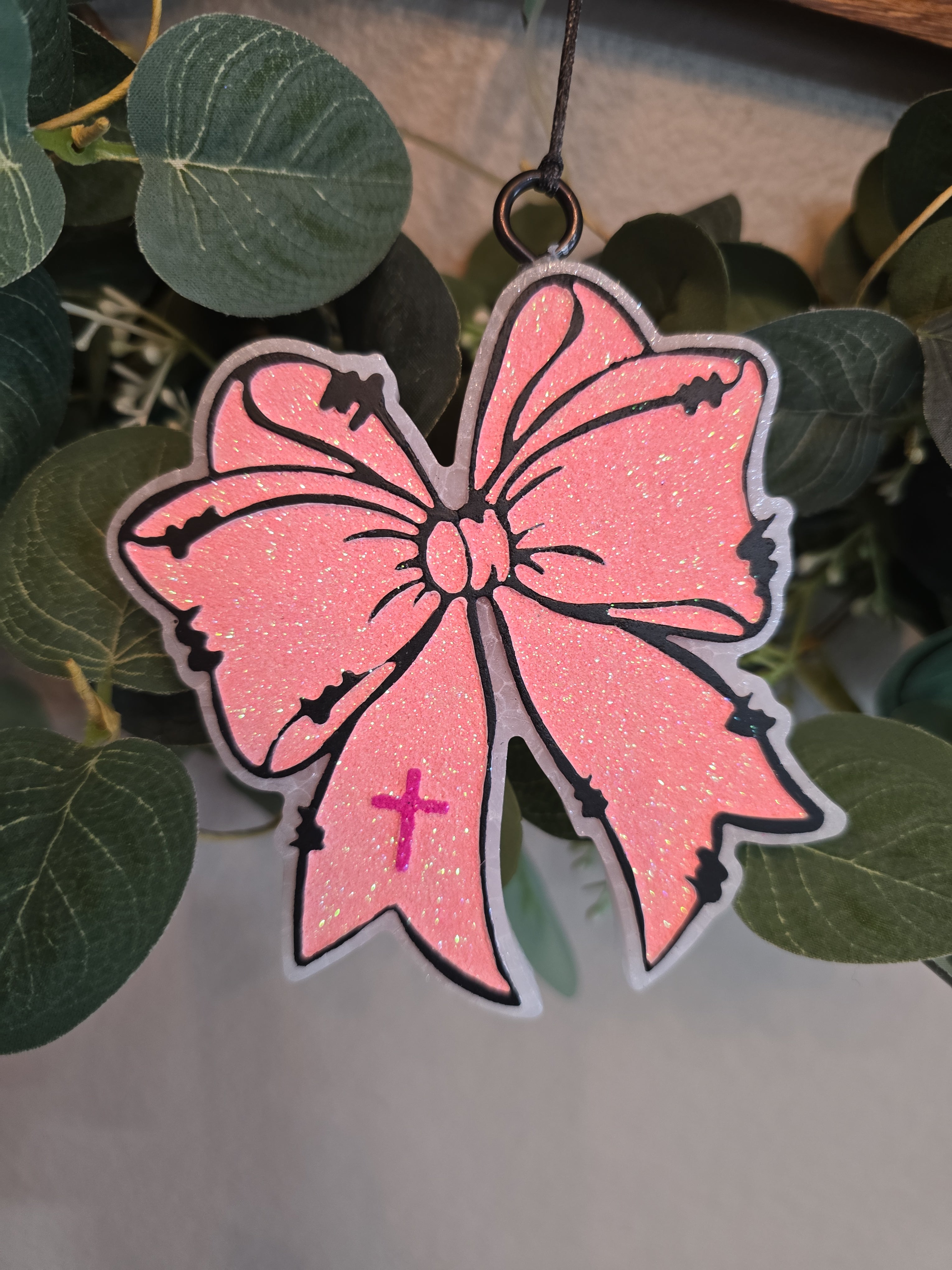 Pink Bow with Barbwire trim and Tiny Cross Car Freshie